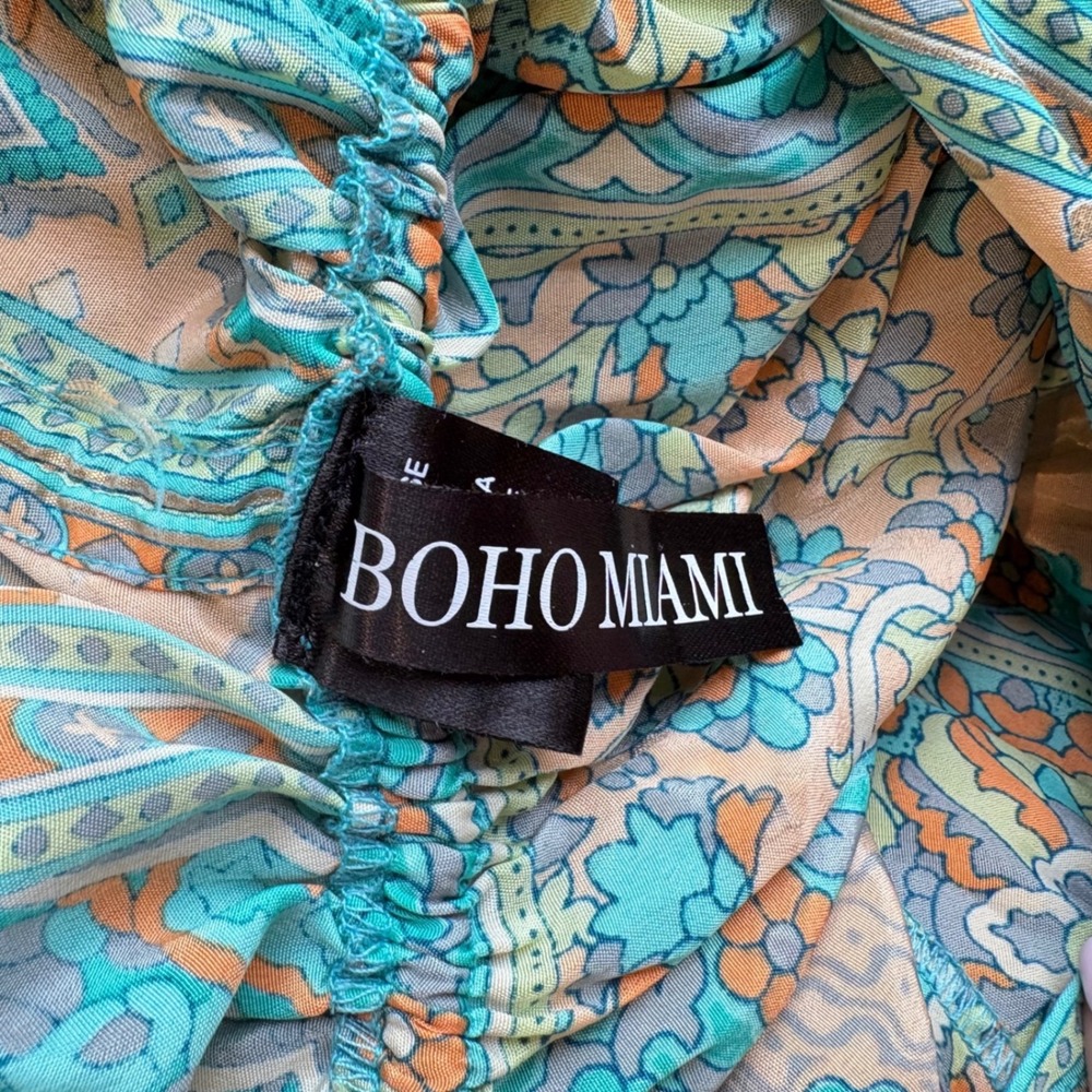 Silk Blend Plunging Mini Dress Aqua Paisley Kimono One Size Boho Miami V-neck - Picture 4 of 8
